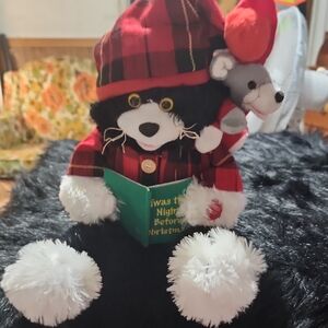Plaid Black Cat  with Book and Mouse Plush.  pbc International Inc. Talking !!